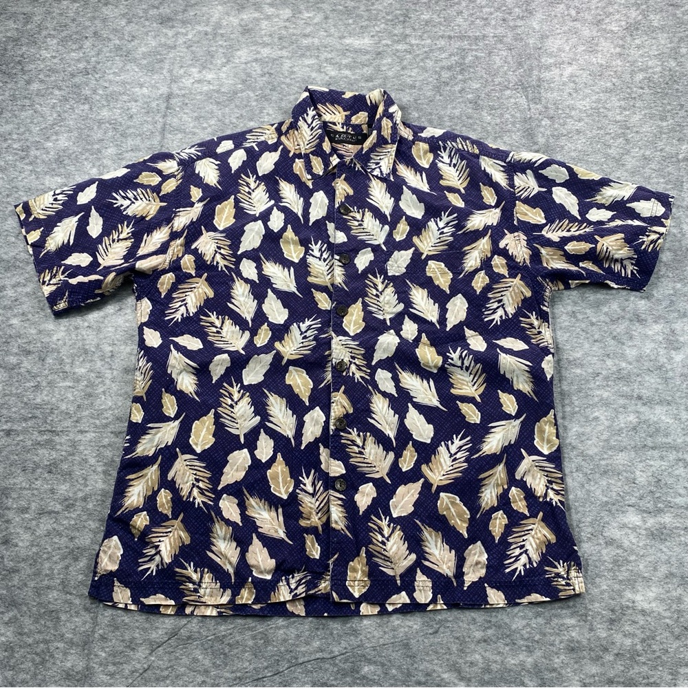 Cactus Black Label Mens Blue/Cream Leaf Print Short Sleeve Button Down‎ Shirt M